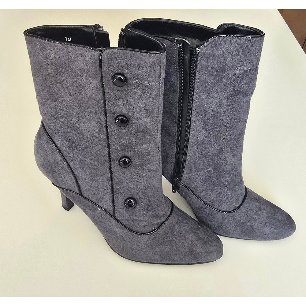 Newport News Grey Faux Suede Button Ankle Boots Stiletto Heel Pointed Toe 7M